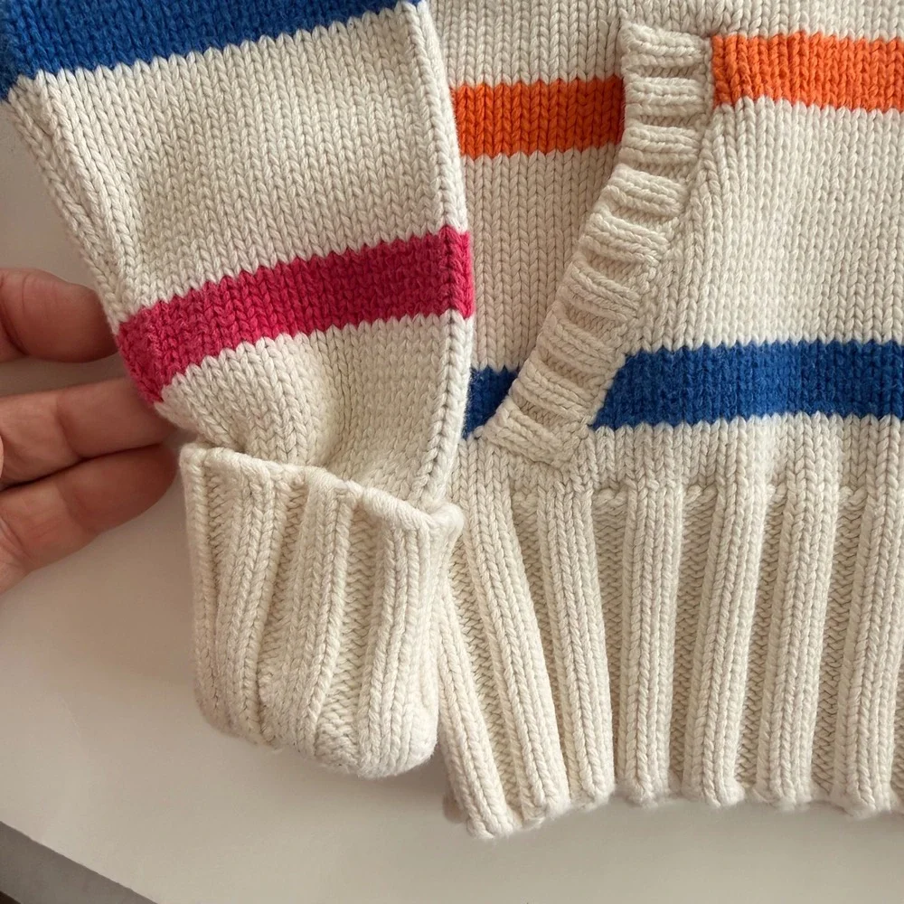 VTG Ralph Lauren 2T Multi Color Stripe Cotton Knit Snap Mock Neck Sweater Preppy